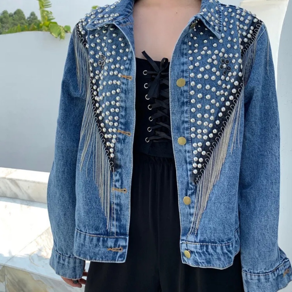 826. LAST 1! Denim Boho Rhinestone Studd  Country Fringe Jacket CLEARANCE - Picture 6 of 9